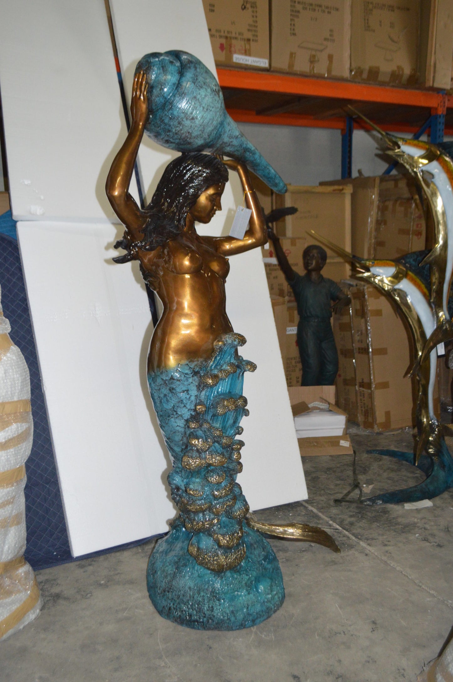 Mermaid holding a shell - large Bronze Statue - Size: 43"L x 30"W x 76"H.