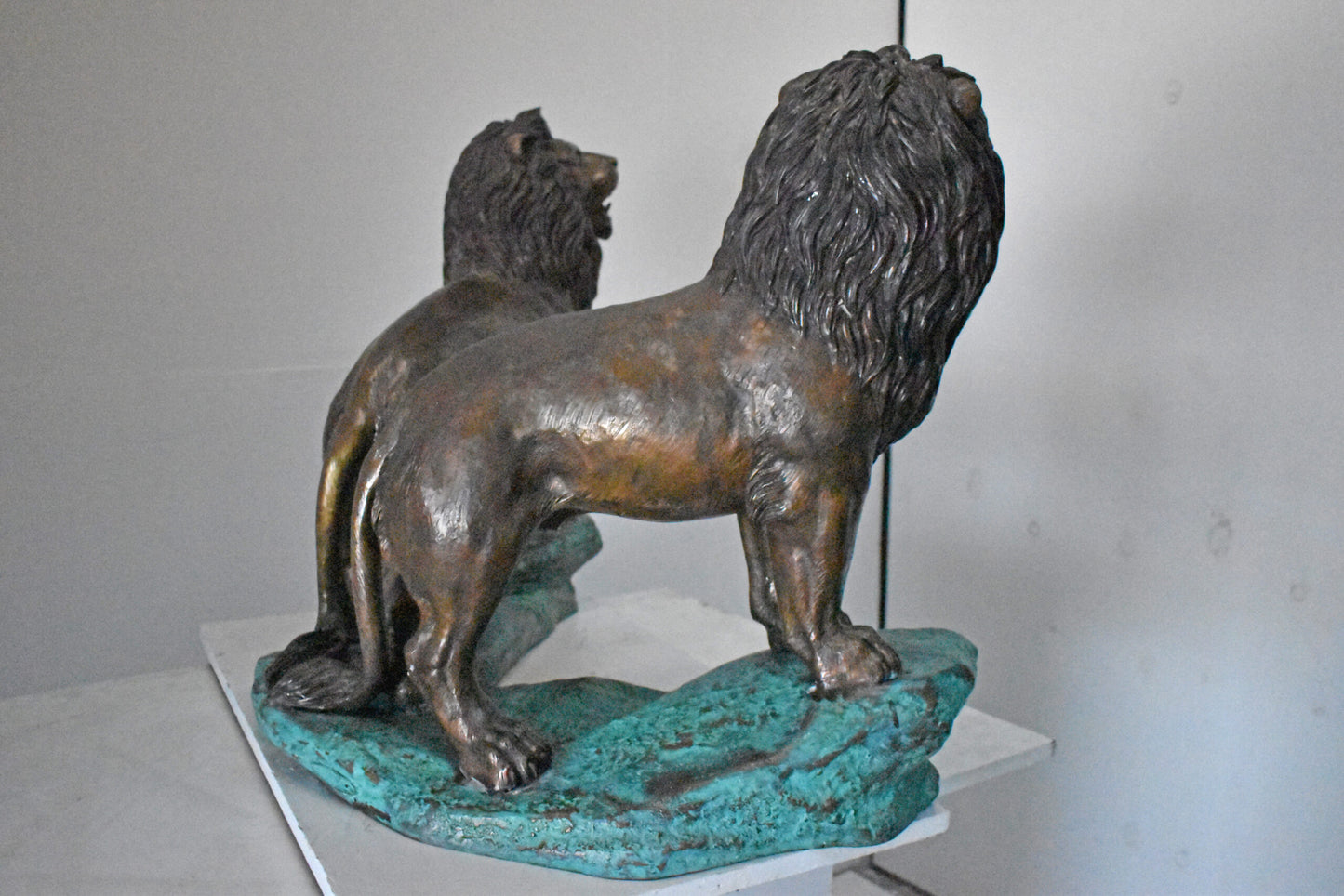 Pair of Standing Lions Bronze Statues - Size: 26"L x 11"W x 25"H.