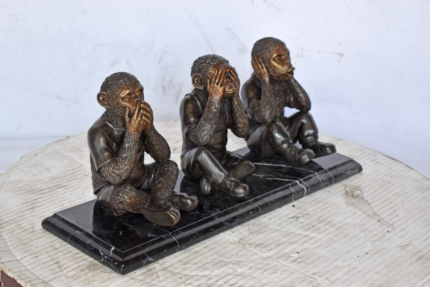 Three Monkeys Bronze Statue Say, Hear, See No Evil - Size: 17"L x 5"W x 7"H.