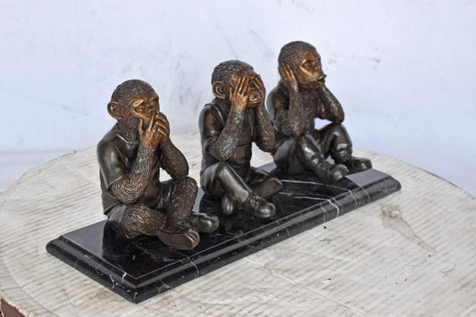 Three Monkeys Bronze Statue Say, Hear, See No Evil - Size: 17"L x 5"W x 7"H.