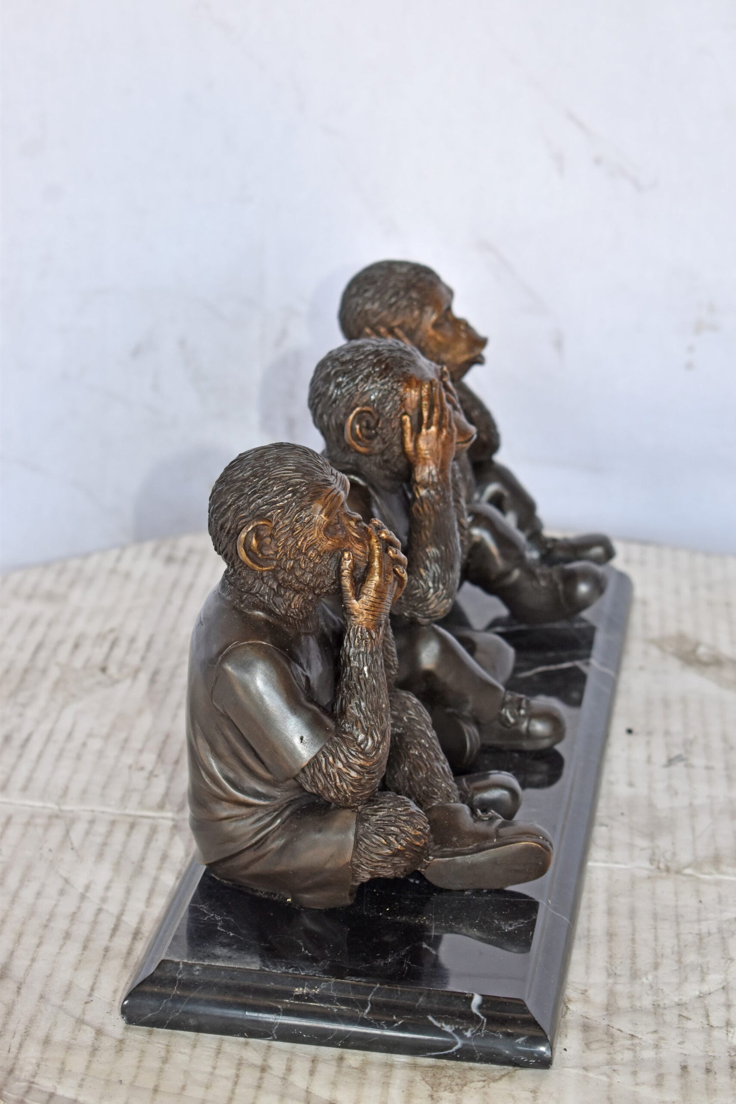 Three Monkeys Bronze Statue Say, Hear, See No Evil - Size: 17"L x 5"W x 7"H.