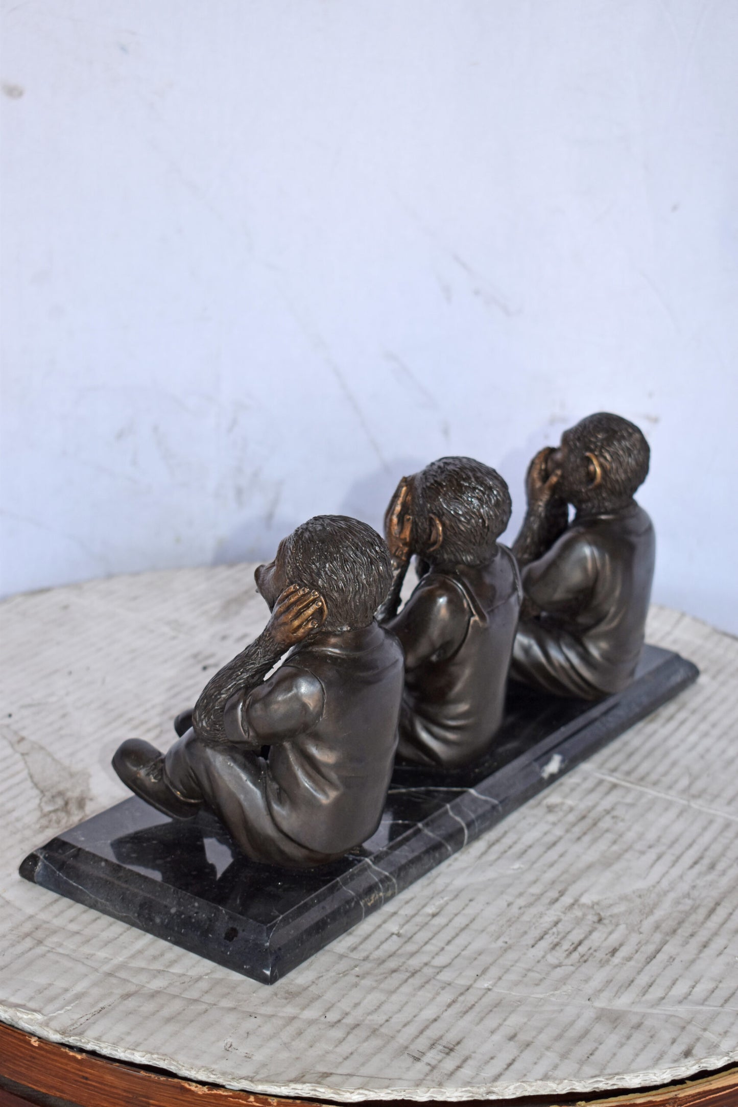 Three Monkeys Bronze Statue Say, Hear, See No Evil - Size: 17"L x 5"W x 7"H.