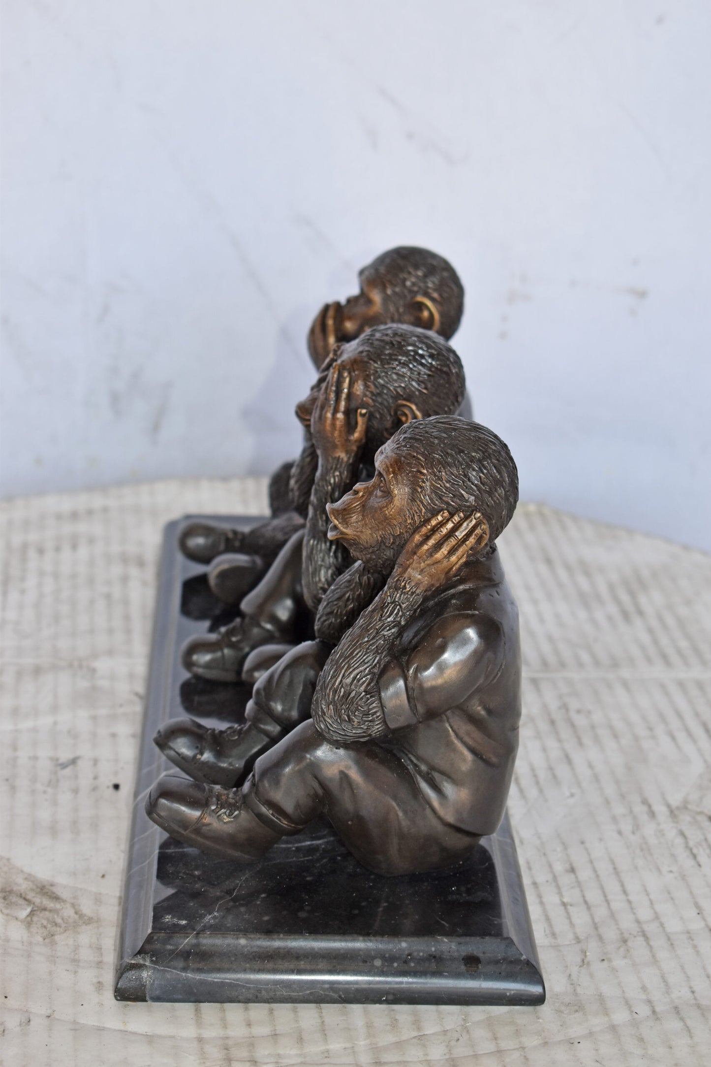 Three Monkeys Bronze Statue Say, Hear, See No Evil - Size: 17"L x 5"W x 7"H.