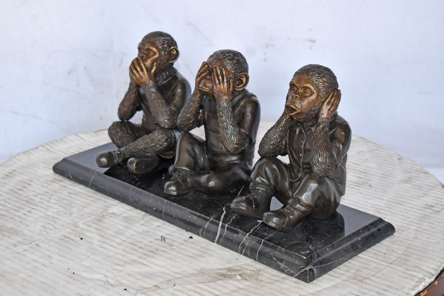 Three Monkeys Bronze Statue Say, Hear, See No Evil - Size: 17"L x 5"W x 7"H.