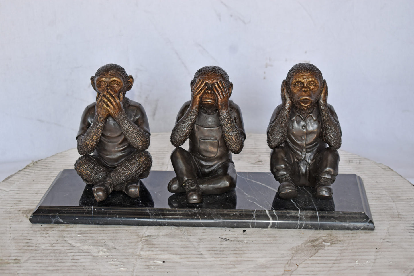 Three Monkeys Bronze Statue Say, Hear, See No Evil - Size: 17"L x 5"W x 7"H.