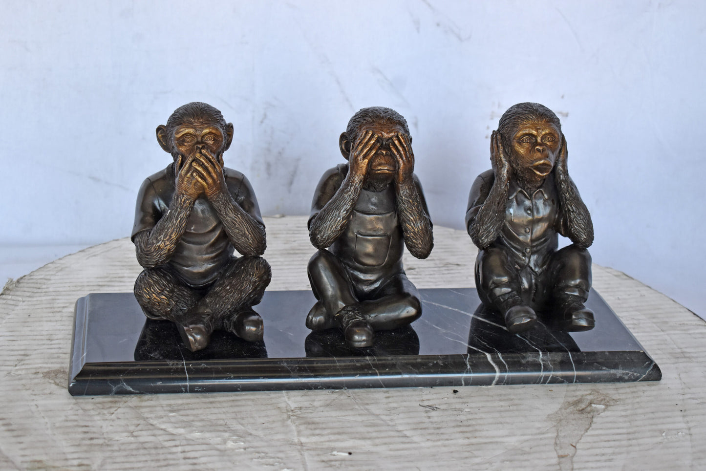 Three Monkeys Bronze Statue Say, Hear, See No Evil - Size: 17"L x 5"W x 7"H.