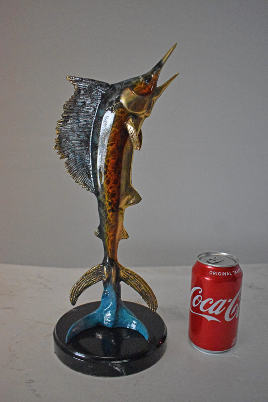 Single Sailfish Bronze Statue Mounted on Round Marble - Size: 6"L x 6"W x 15"H.