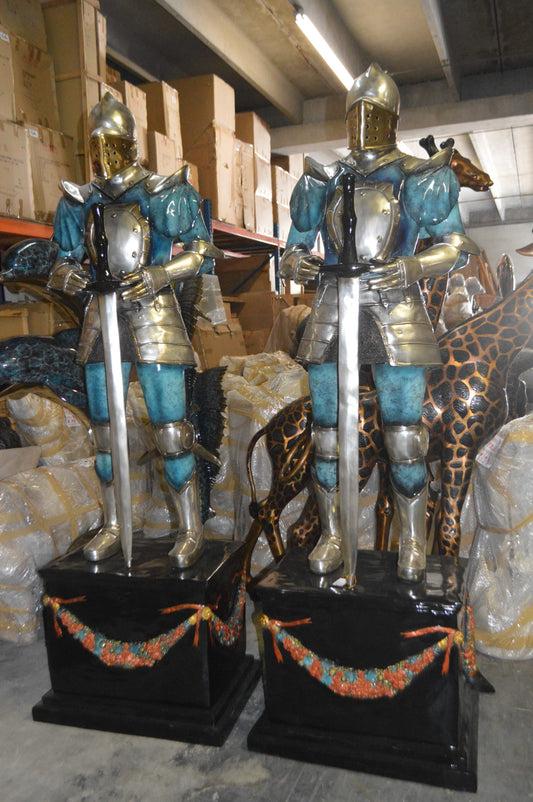 A Pair of Roman Soldiers standing with armor Bronze Statues - 22"x 31"x 93"H.