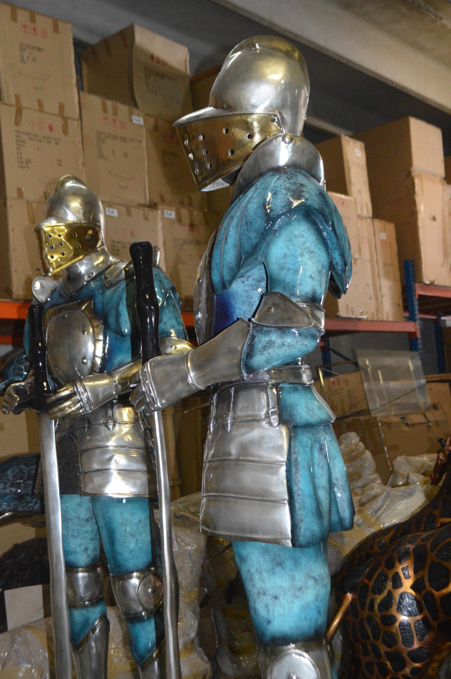 A Pair of Roman Soldiers standing with armor Bronze Statues - 22"x 31"x 93"H.