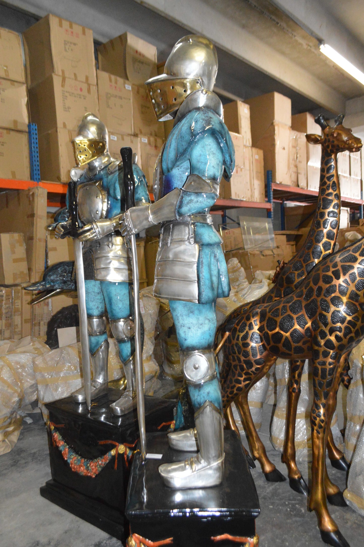 A Pair of Roman Soldiers standing with armor Bronze Statues - 22"x 31"x 93"H.