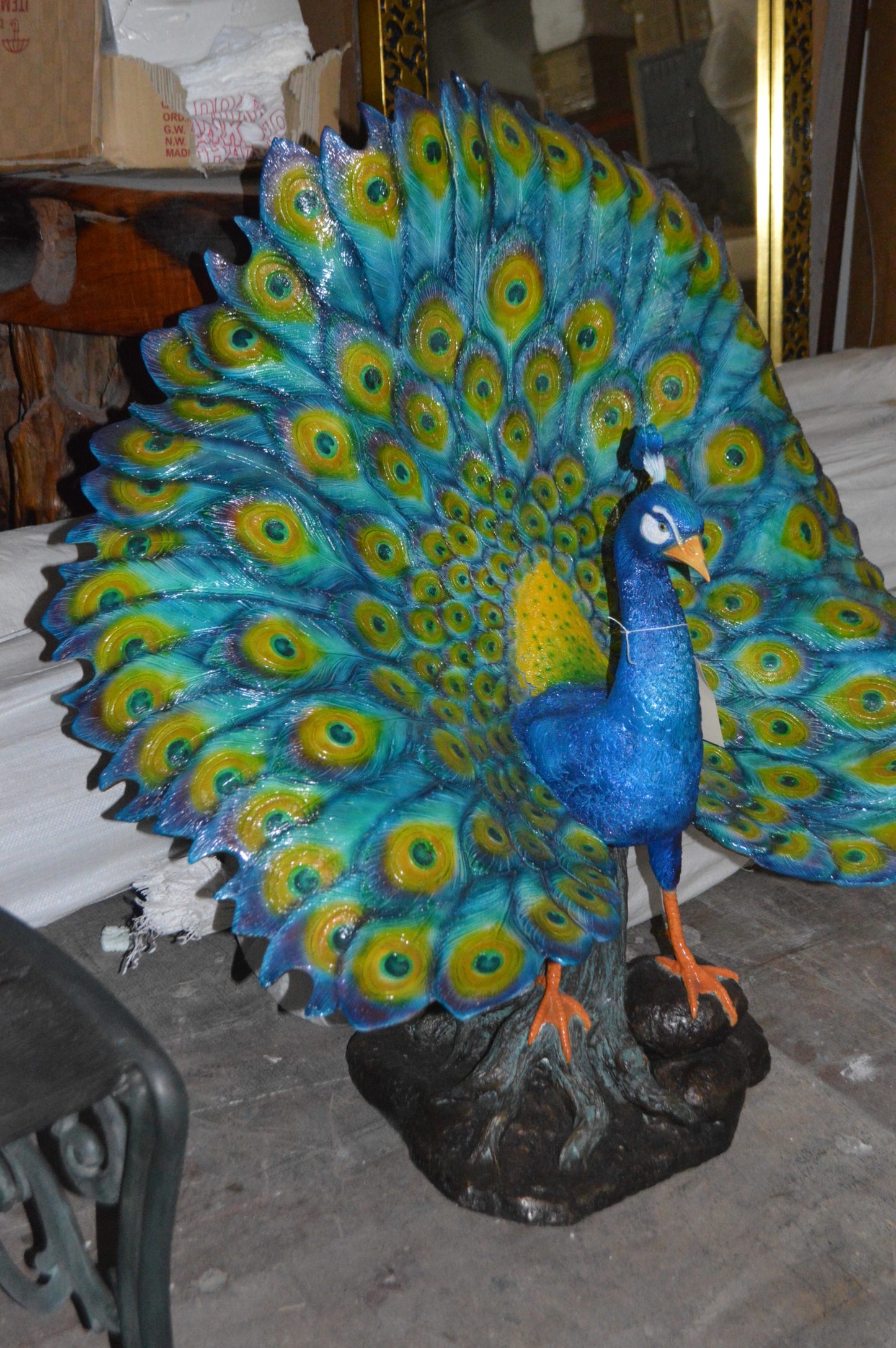 Colorful Peacock Bronze Statue - Size: 24"L x 39"W x 35"H.