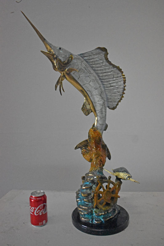 Nifao Sailfish and Turtle Bronze Statue on Marble Base – Lost Wax Marine Life Sculpture with Patina Finish - 12" L x 18" W x 31" H