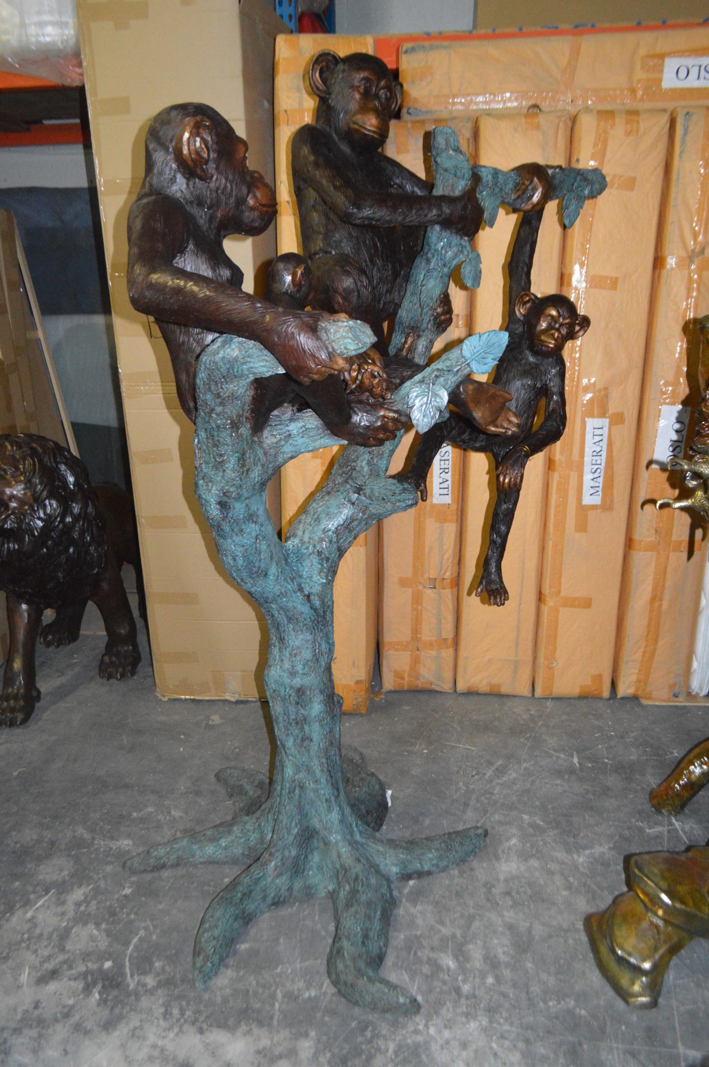 Four Monkeys On A Tree Bronze Statue - Size: 35"L x 61"W x 80"H.