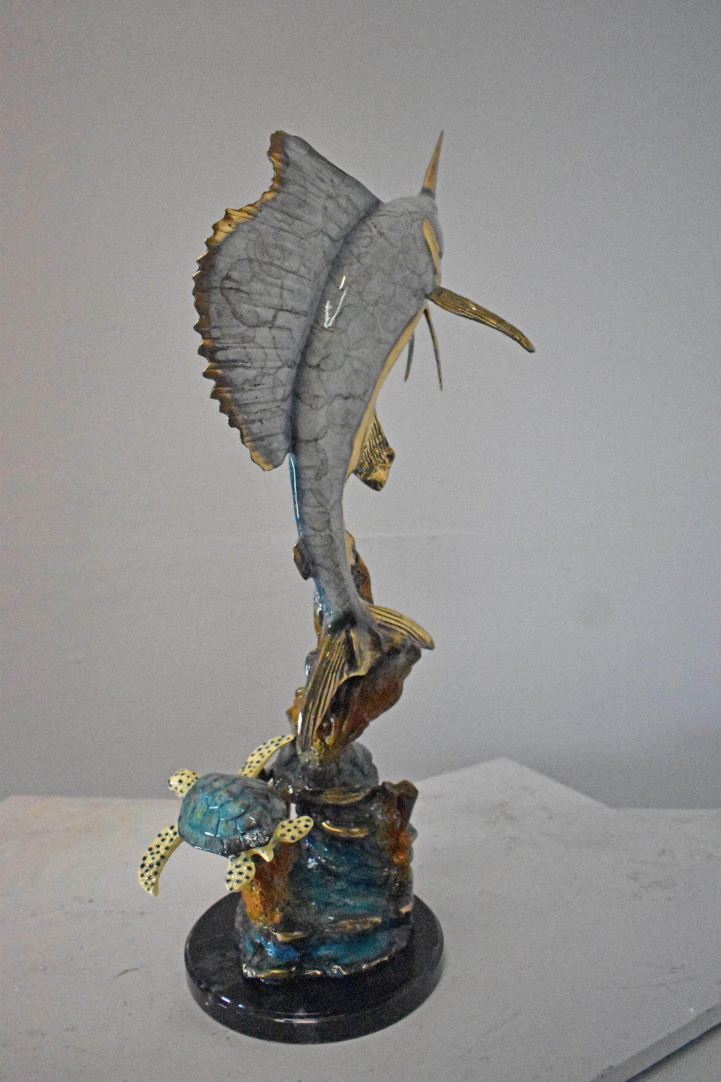 Sailfish with Turtle Bronze Statue - Size: 12"L x 18"W x 31"H.