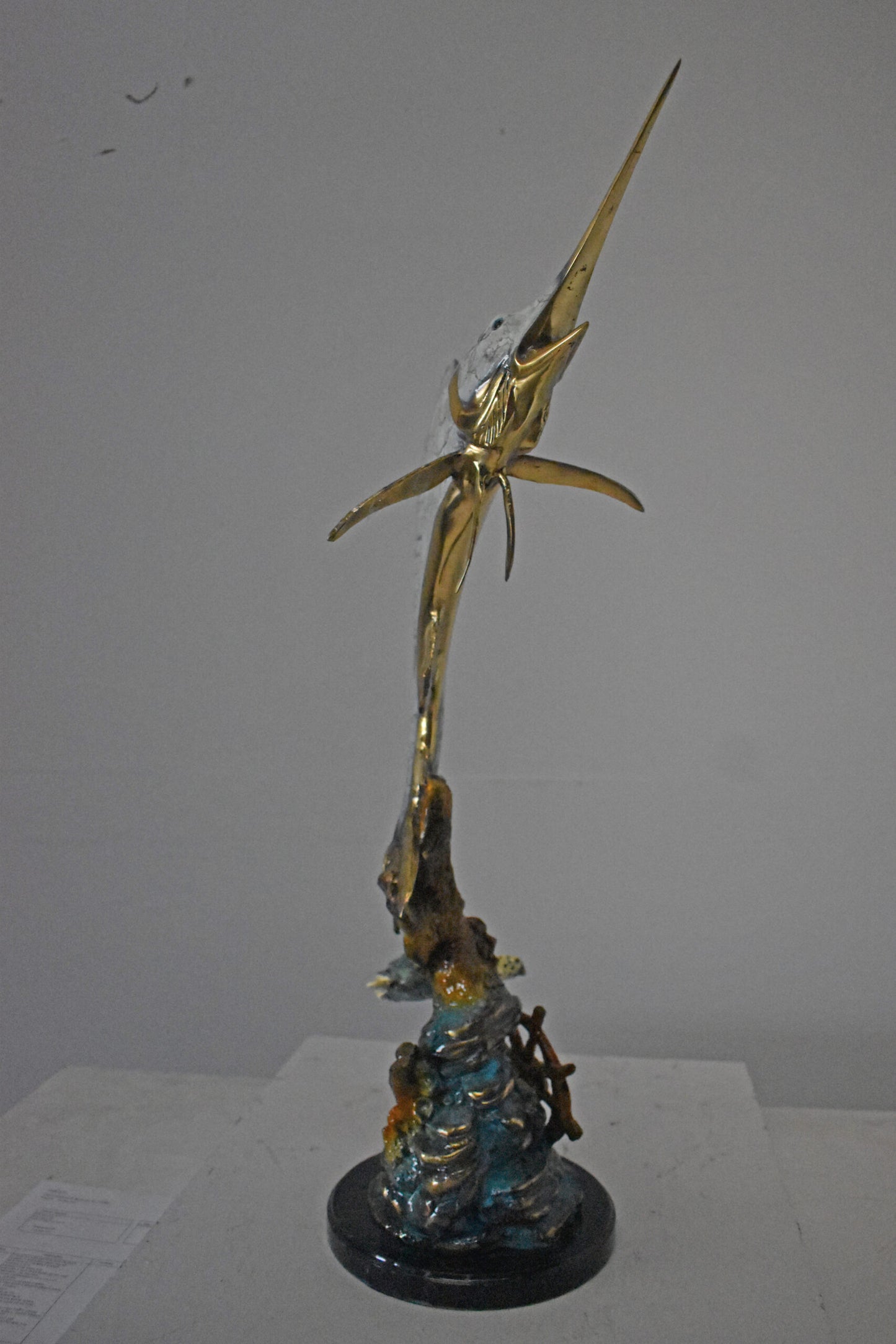 Nifao Sailfish and Turtle Bronze Statue on Marble Base – Lost Wax Marine Life Sculpture with Patina Finish - 12" L x 18" W x 31" H