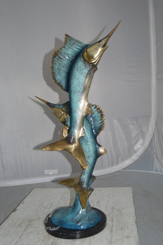 Two Sailfish jumping of water bronze statue -  Size: 13"L x 6"W x 28"H.