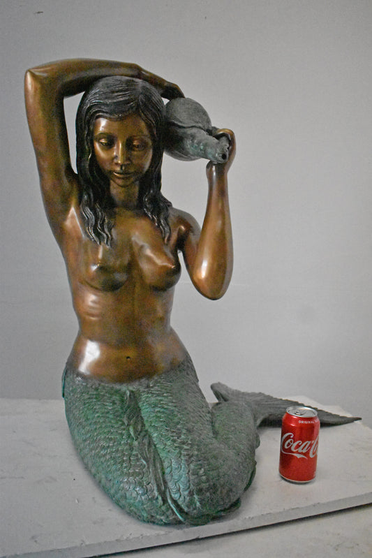 Mermaid Half Naked Holding a Shell Bronze Fountain-Art Nude 29" x 19" x 31"H