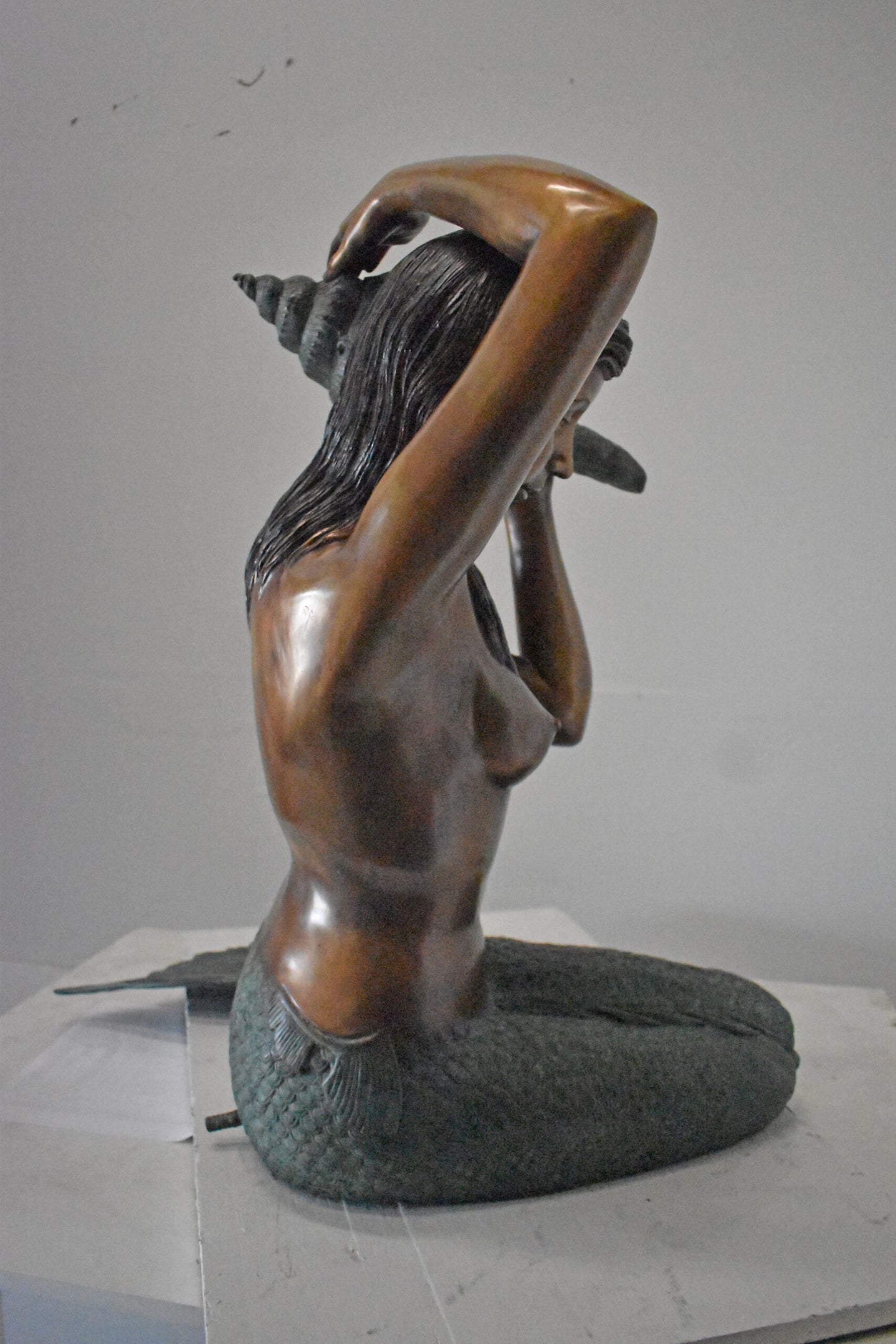 Mermaid Half Naked Holding a Shell Bronze Fountain-Art Nude 29" x 19" x 31"H