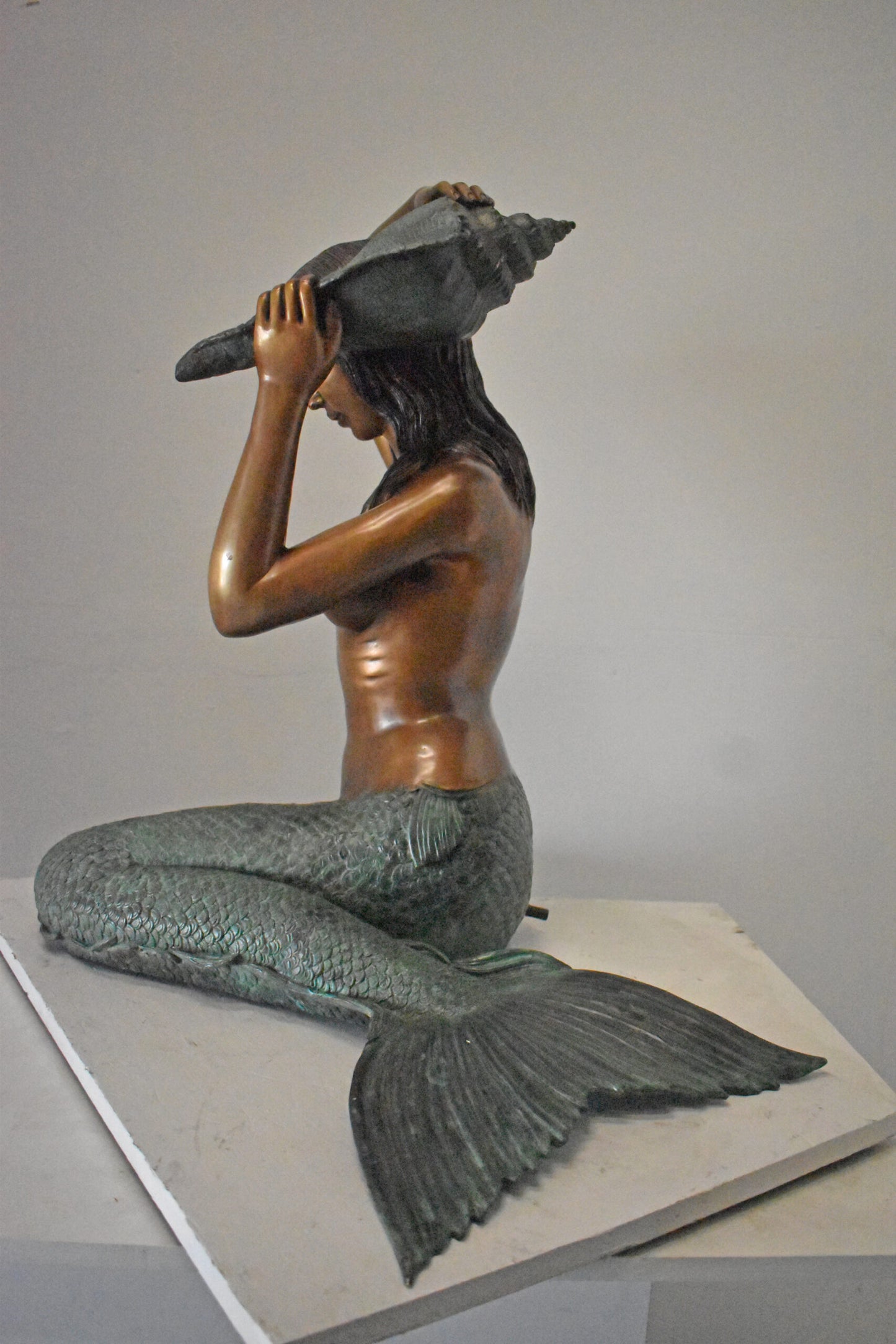Mermaid Half Naked Holding a Shell Bronze Fountain-Art Nude 29" x 19" x 31"H