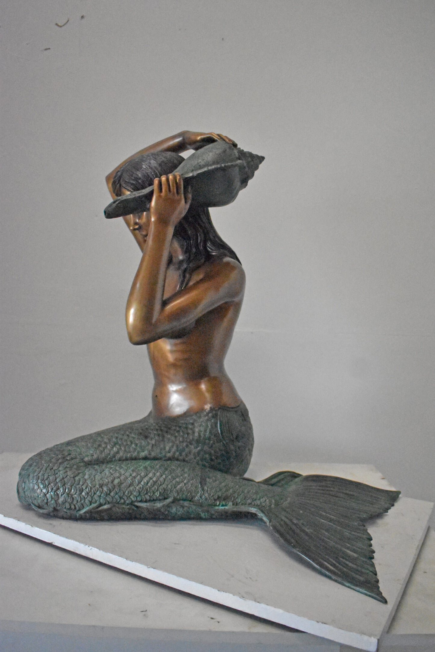 Mermaid Half Naked Holding a Shell Bronze Fountain-Art Nude 29" x 19" x 31"H