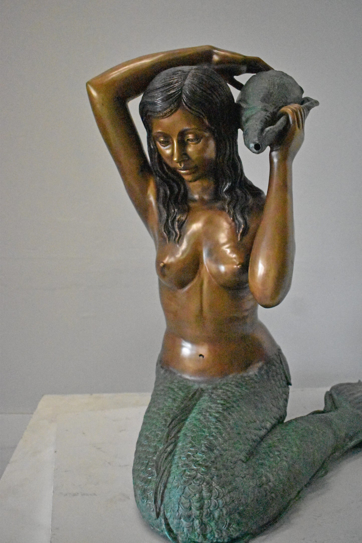 Mermaid Half Naked Holding a Shell Bronze Fountain-Art Nude 29" x 19" x 31"H