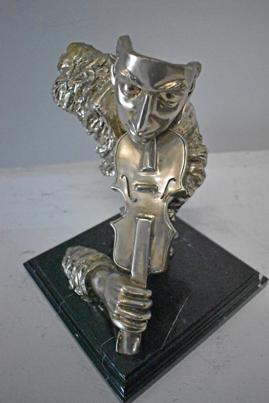 Man Playing the Violin Bronze Statue, Silver Finish - Size: 12"L x 9"W x 11"H.