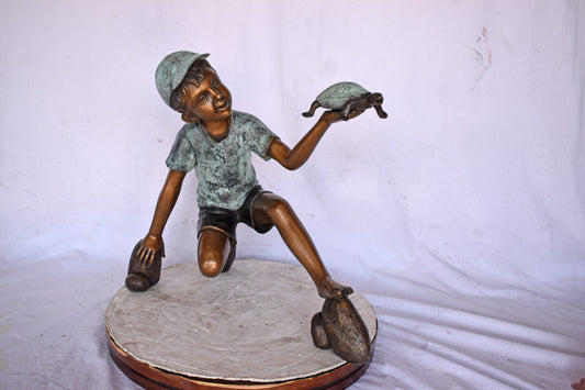 Adventurous Boy Holds a turtle bronze statue fountain-Size 22" x 11" x 23"H
