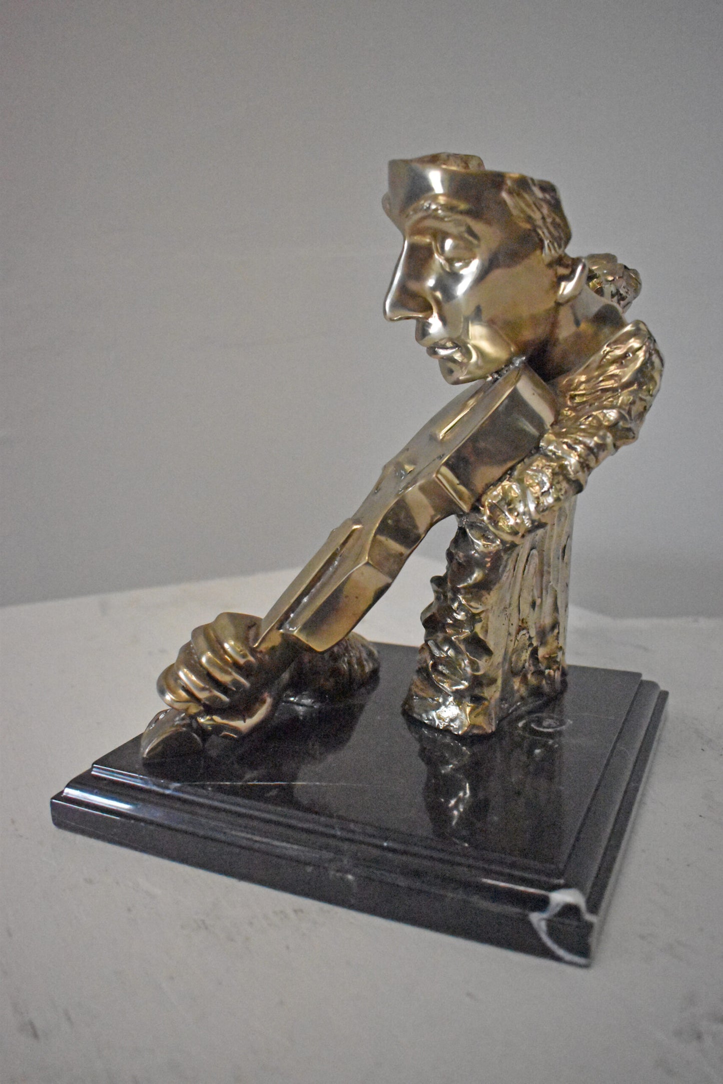 Man Playing the Violin Bronze Statue, Silver Finish - Size: 12"L x 9"W x 11"H.