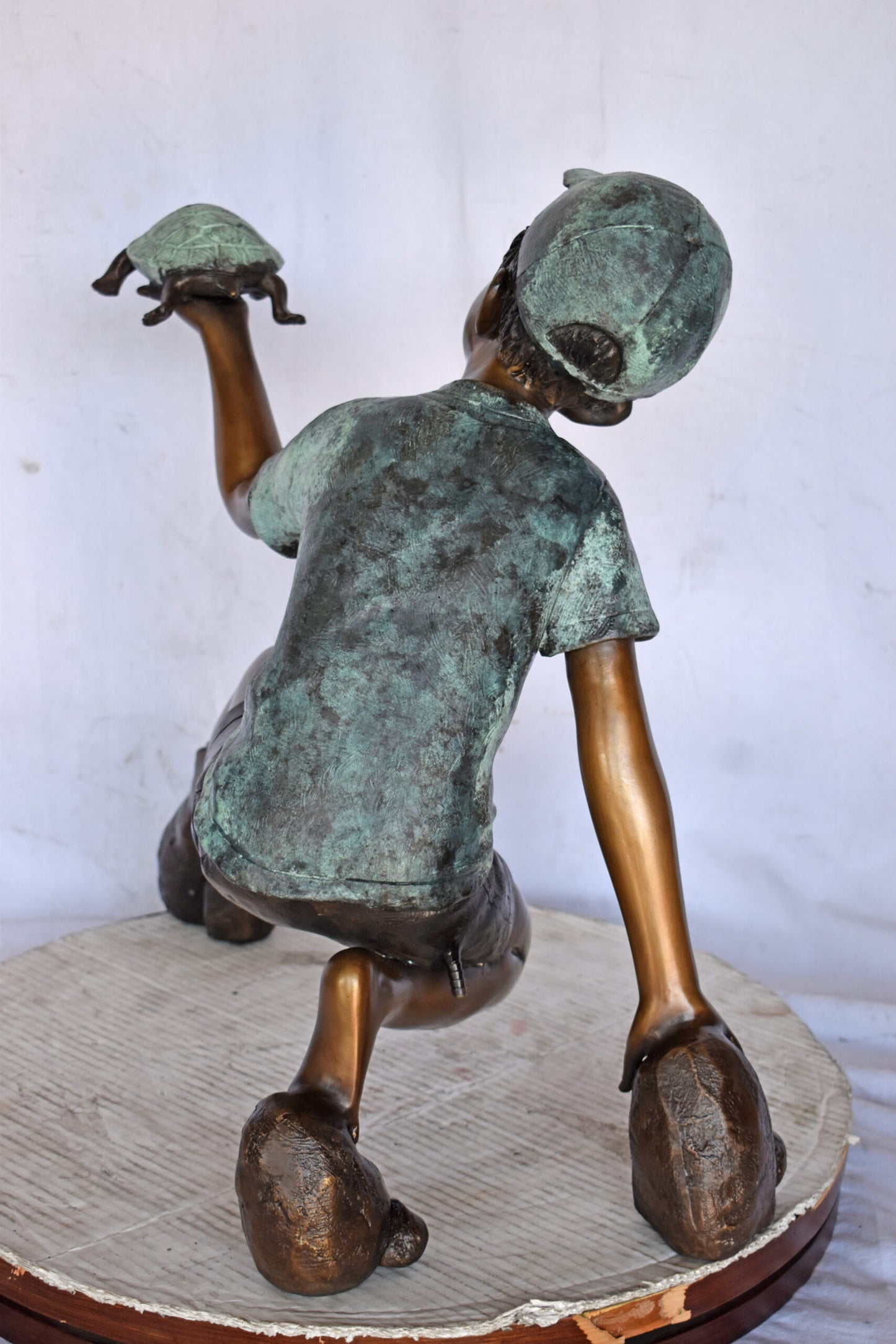 Adventurous Boy Holds a turtle bronze statue fountain-Size 22" x 11" x 23"H