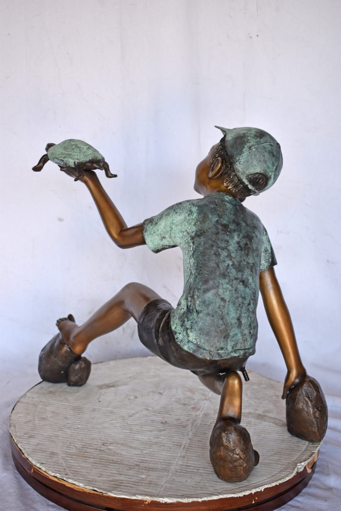 Adventurous Boy Holds a turtle bronze statue fountain-Size 22" x 11" x 23"H