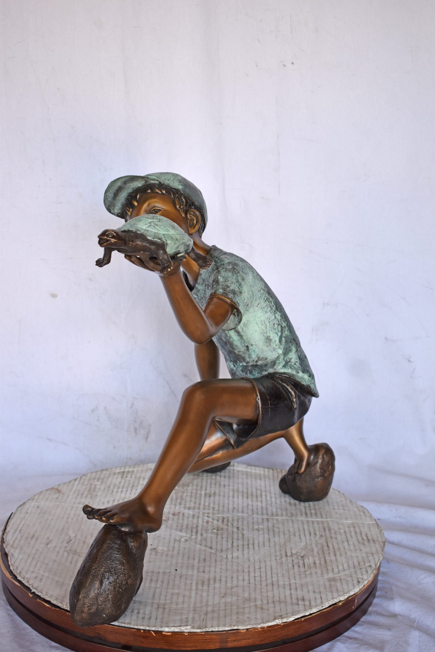 Adventurous Boy Holds a turtle bronze statue fountain-Size 22" x 11" x 23"H