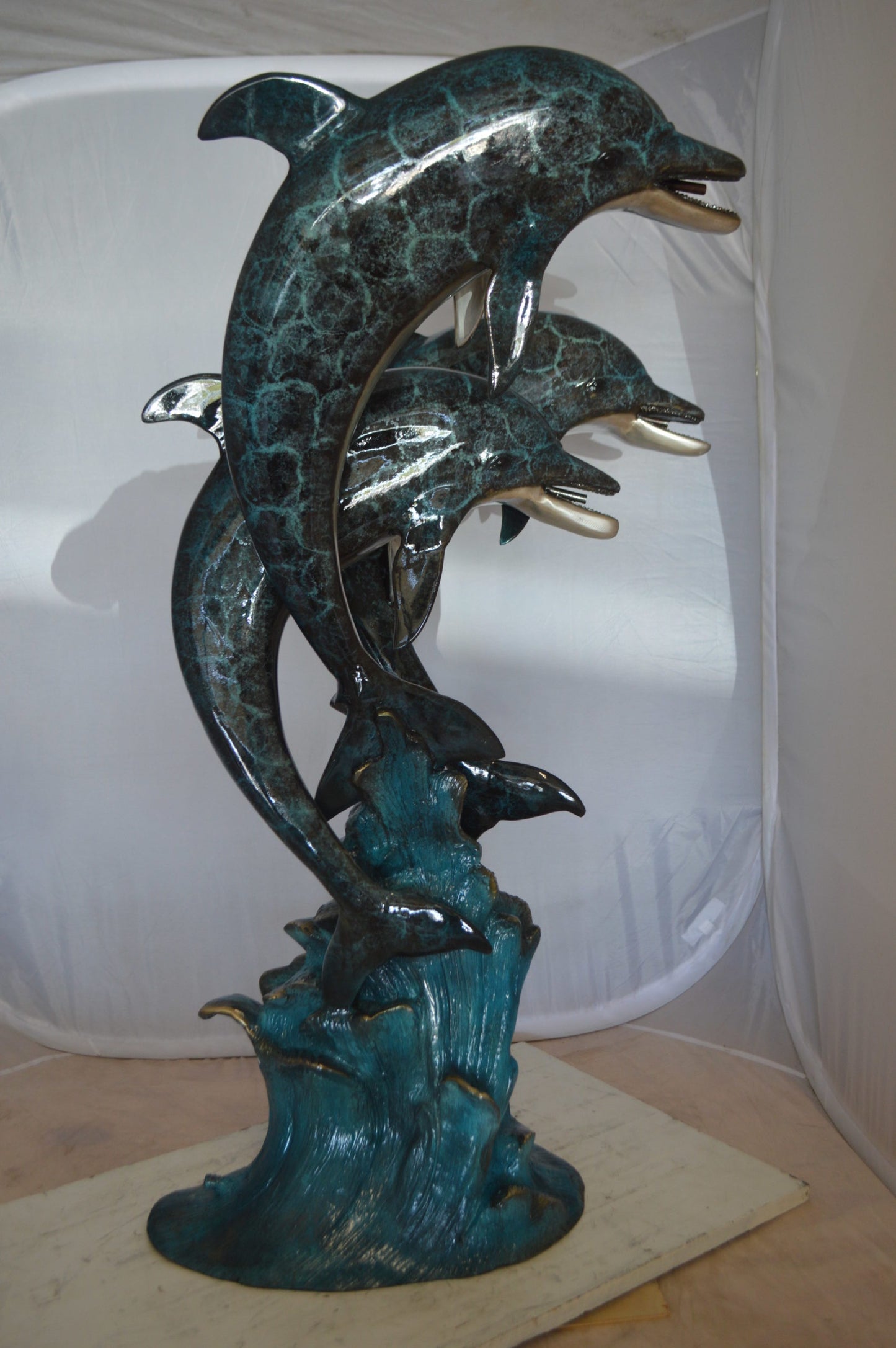 Three Dolphin Fountain Bronze Statue - Size: 21"L x 26"W x 45"H.