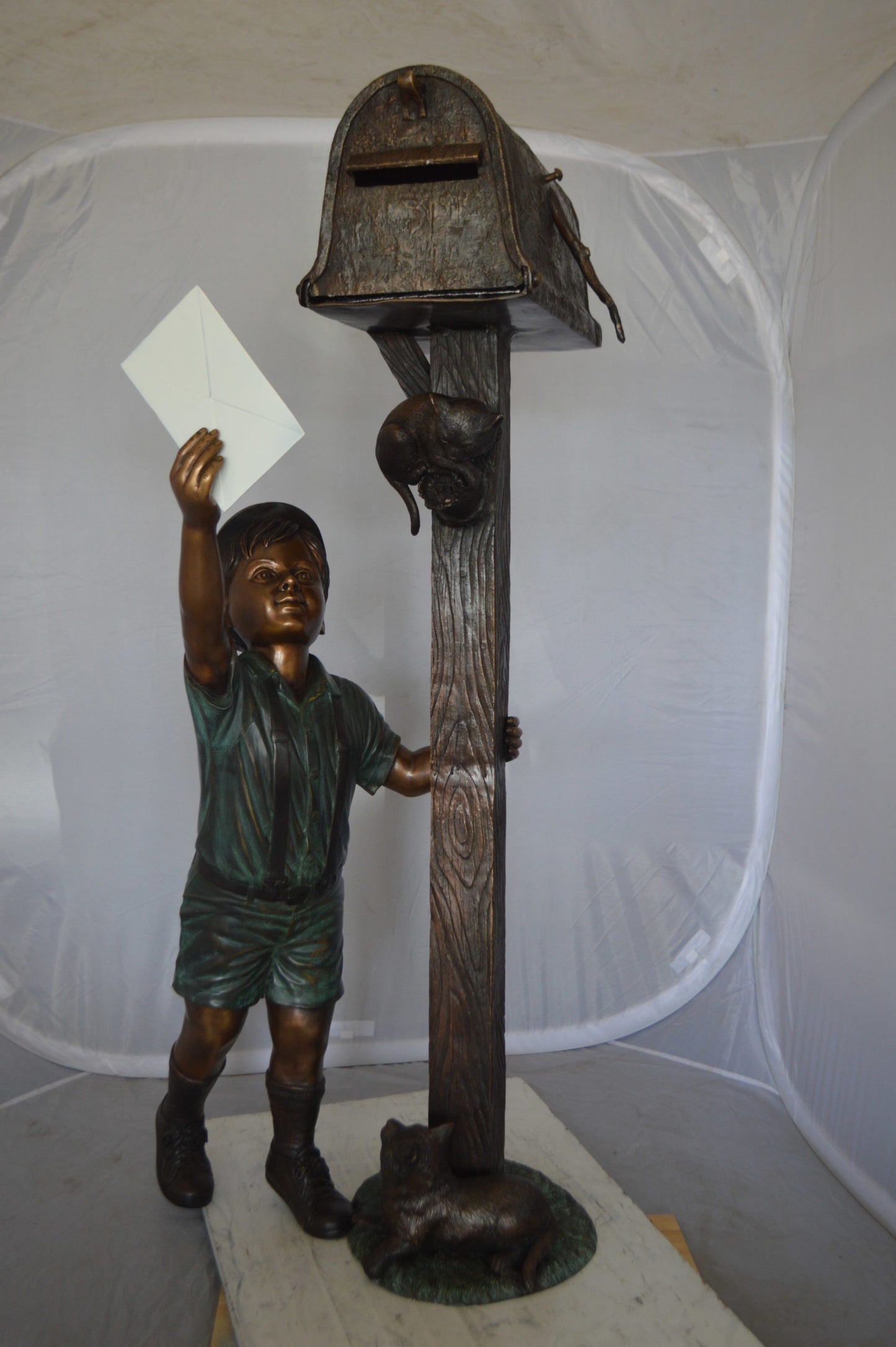 Standing Boy by Mailbox with Two cats Bronze Statue - 23"x 19"x 50"H.