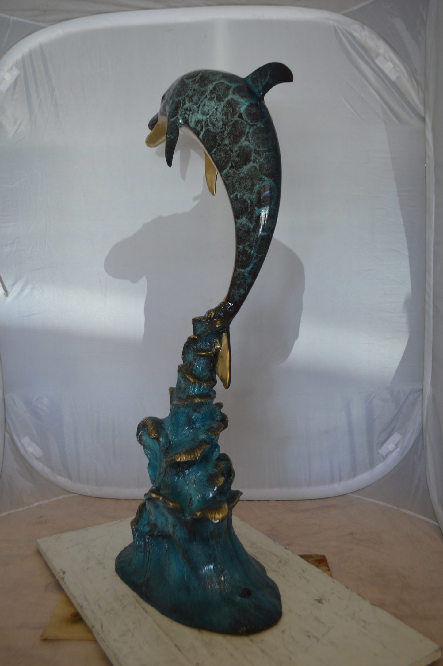 Single Dolphin  Fountain Bronze Statue -  Size: 22"L x 14"W x 45"H.