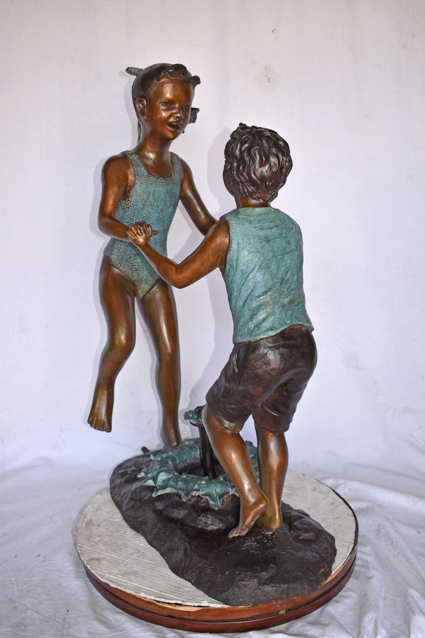 Young Boy and girl dancing around fountain bronze statue-Size 28" x 13" x 38"H