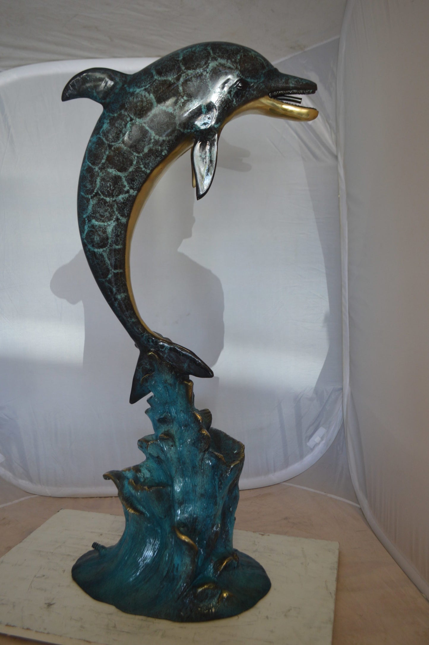Single Dolphin Fountain Bronze Statue - Size: 22"L x 14"W x 45"H.