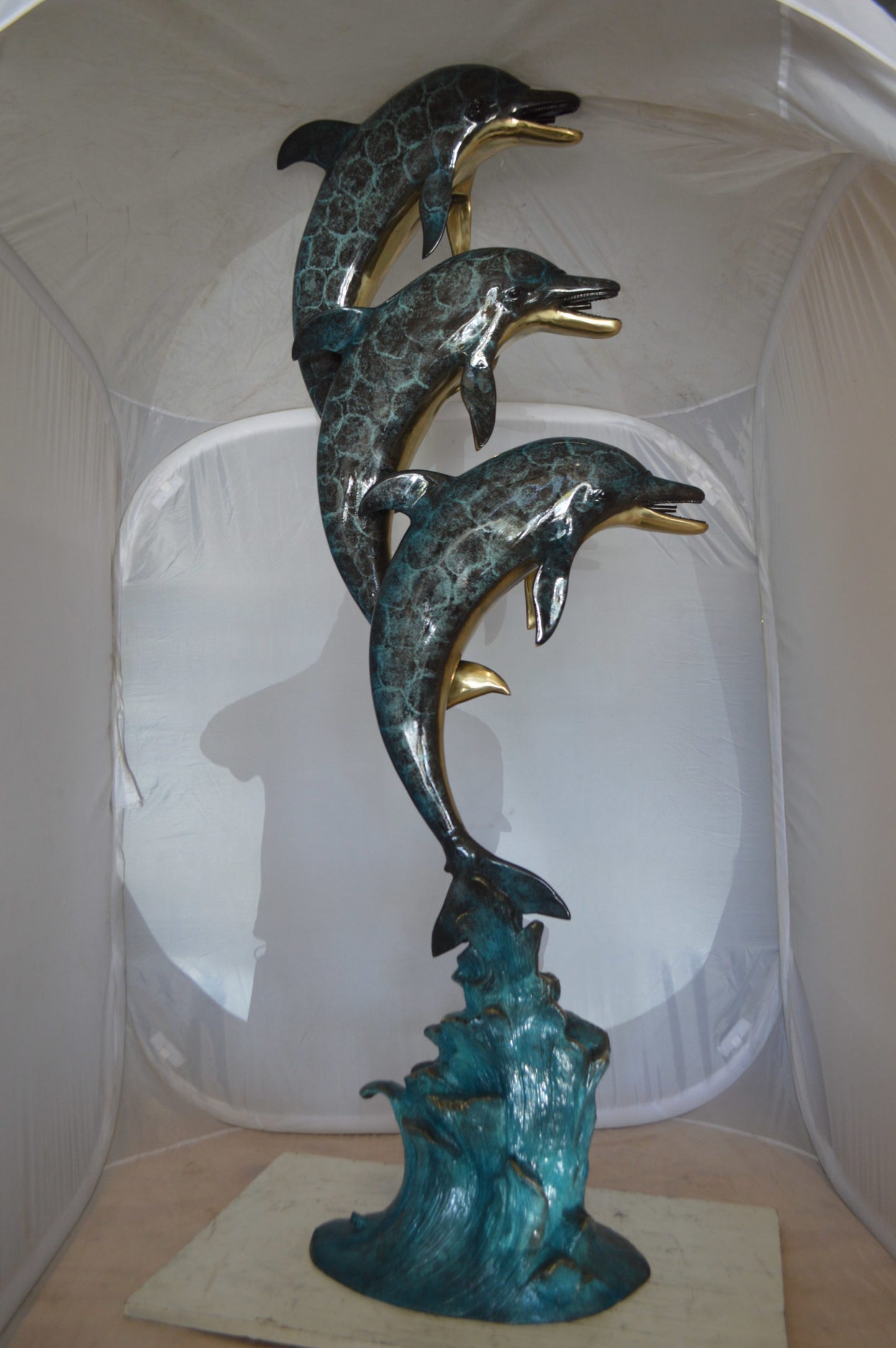 Three Dolphins Overreach Each Other Fountain Bronze Statue - 22"x 15"x 68"H.