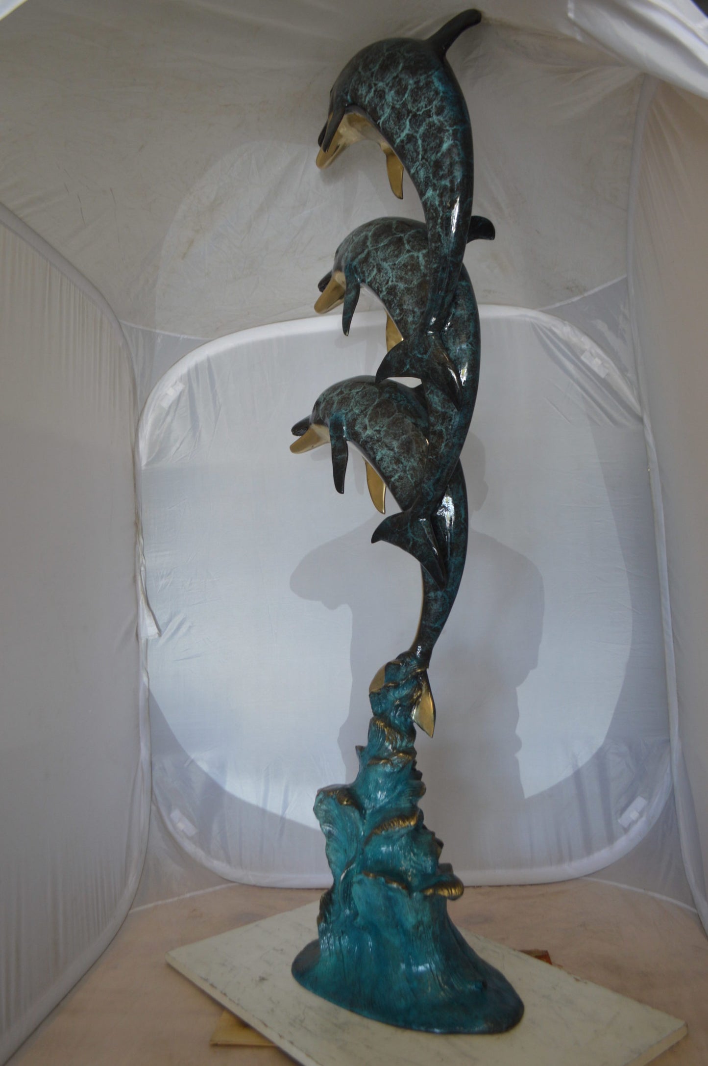 Three Dolphins Overreach Each Other Fountain Bronze Statue - 22"x 15"x 68"H.