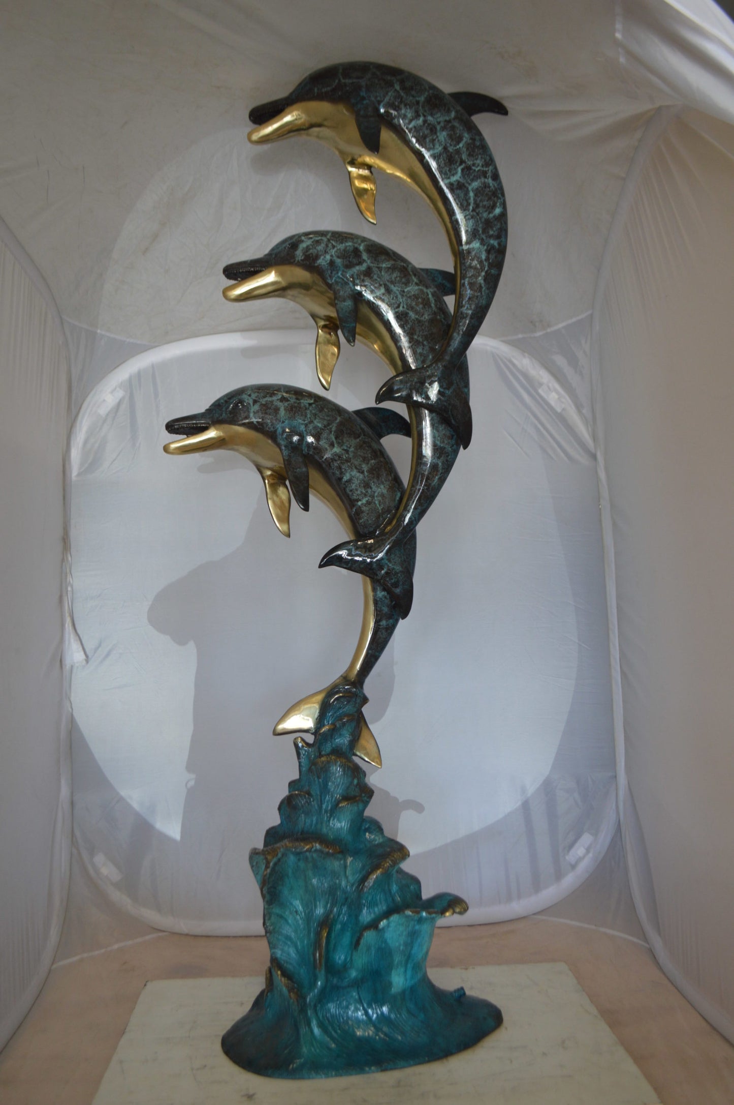 Three Dolphins Overreach Each Other Fountain Bronze Statue - 22"x 15"x 68"H.