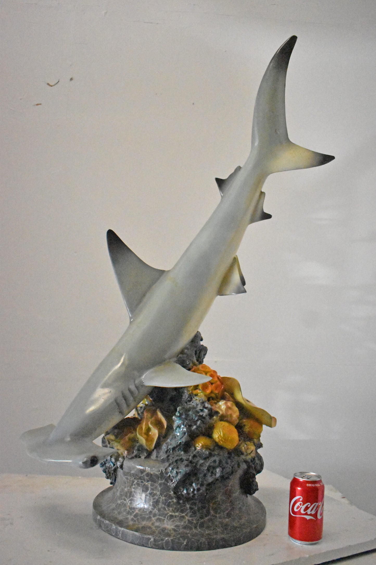 Hammer Shark with Corals Bronze Statue mounted on Marble-Size 20" x 18" x 42"H