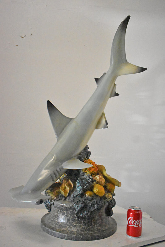 Hammer Shark with Corals Bronze Statue mounted on Marble-Size 20" x 18" x 42"H