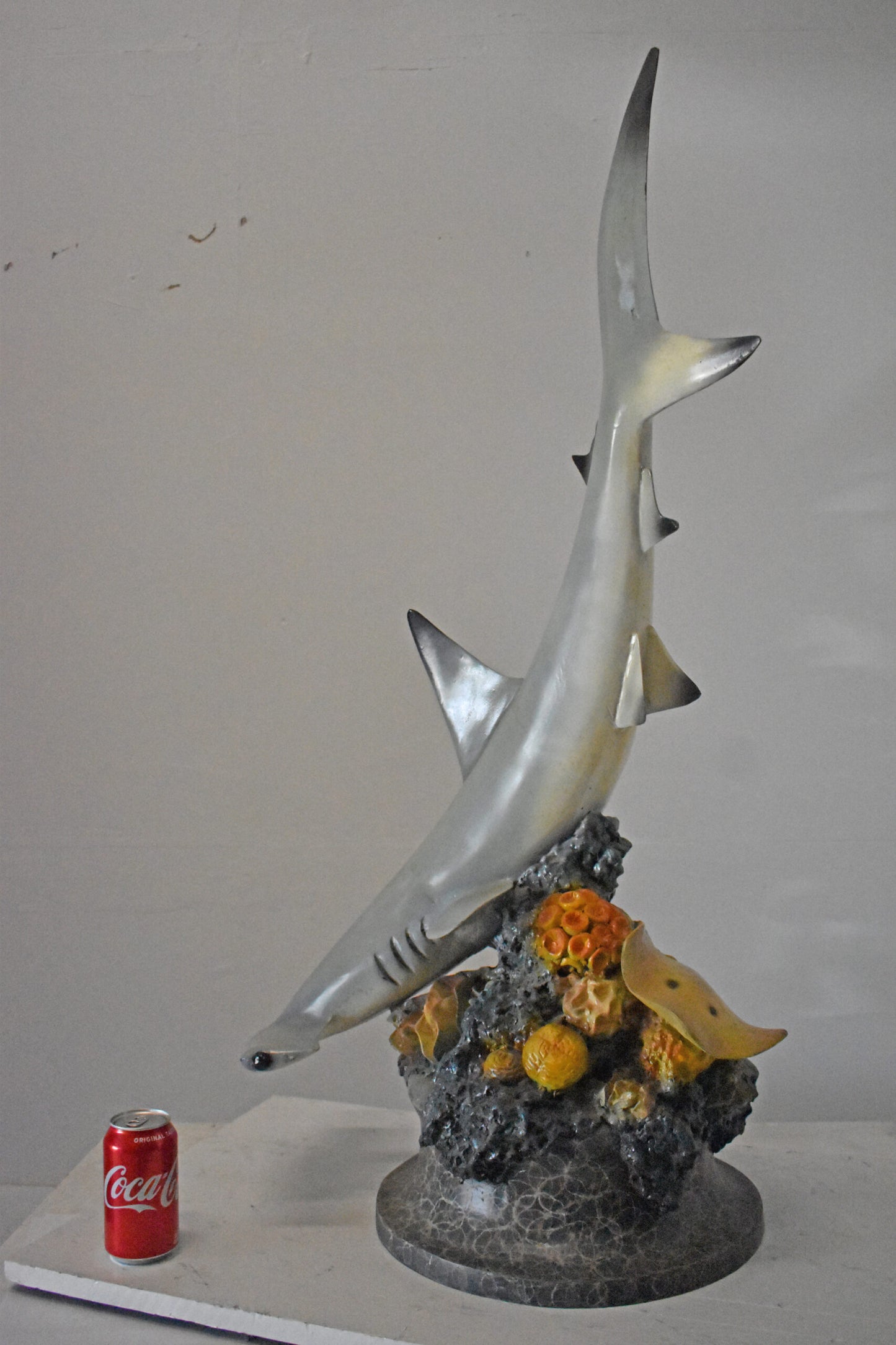 Hammer Shark with Corals Bronze Statue mounted on Marble-Size 20" x 18" x 42"H