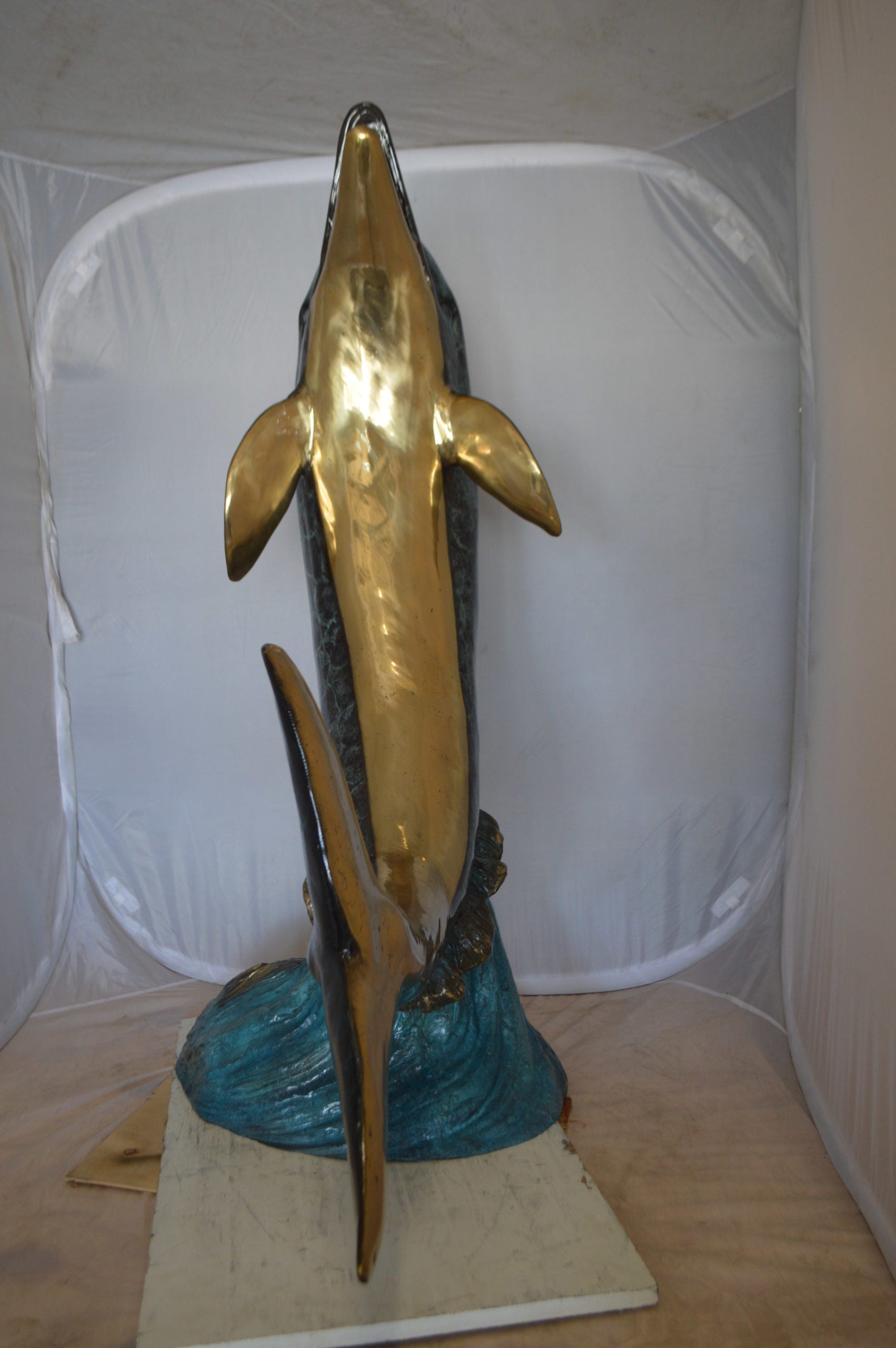 Single Dolphin  On Wave Fountain Bronze Statue -  Size: 48"L x 24"W x 53"H.