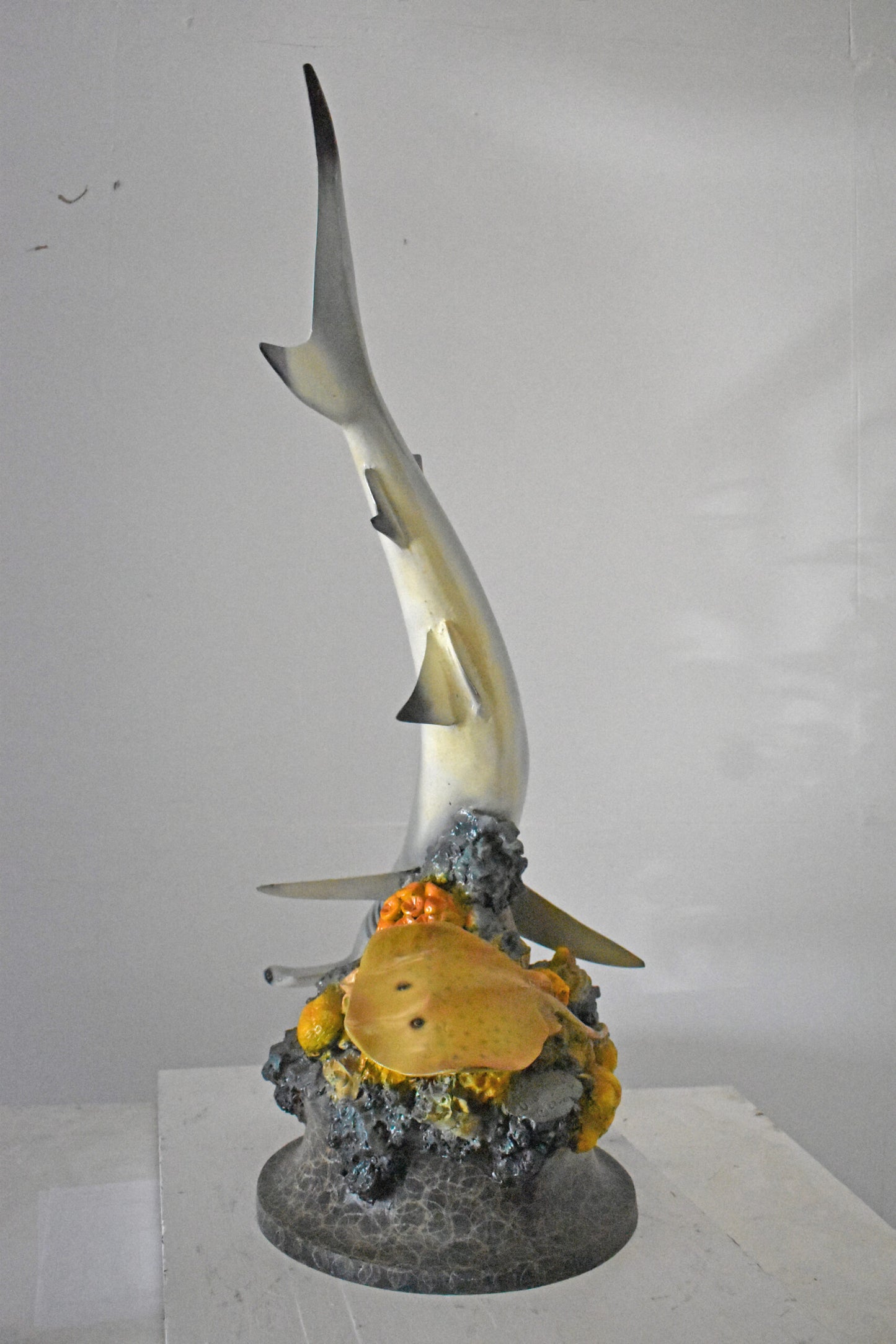 Hammer Shark with Corals Bronze Statue mounted on Marble-Size 20" x 18" x 42"H