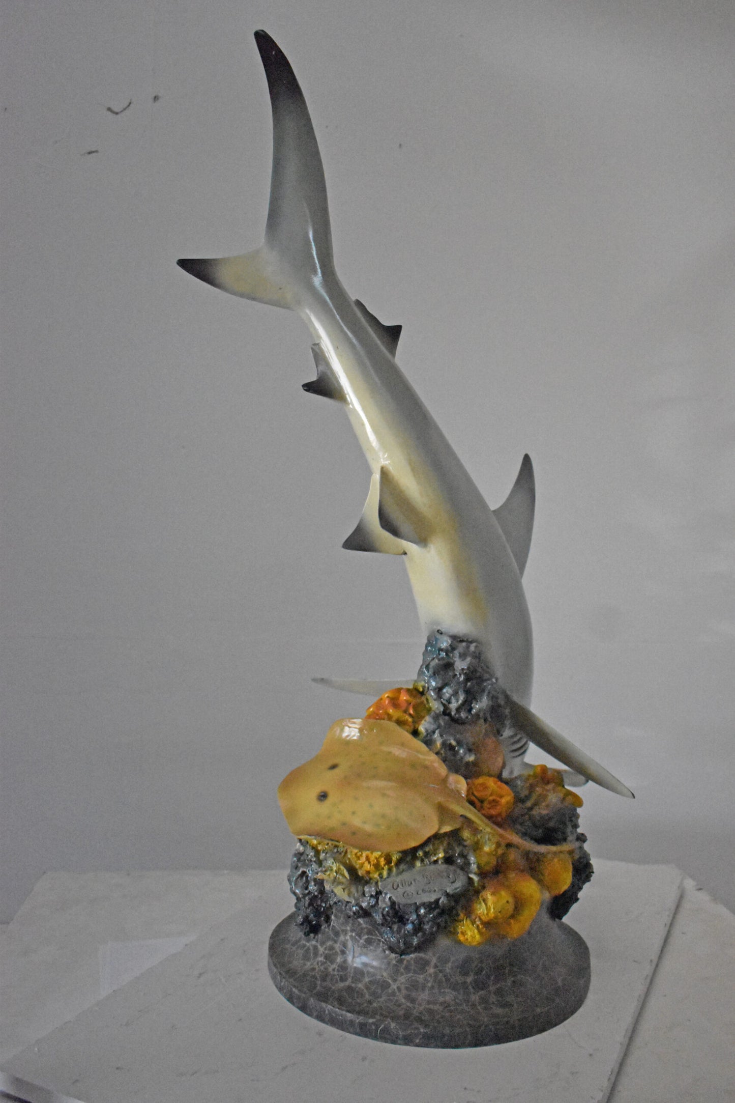 Hammer Shark with Corals Bronze Statue mounted on Marble-Size 20" x 18" x 42"H