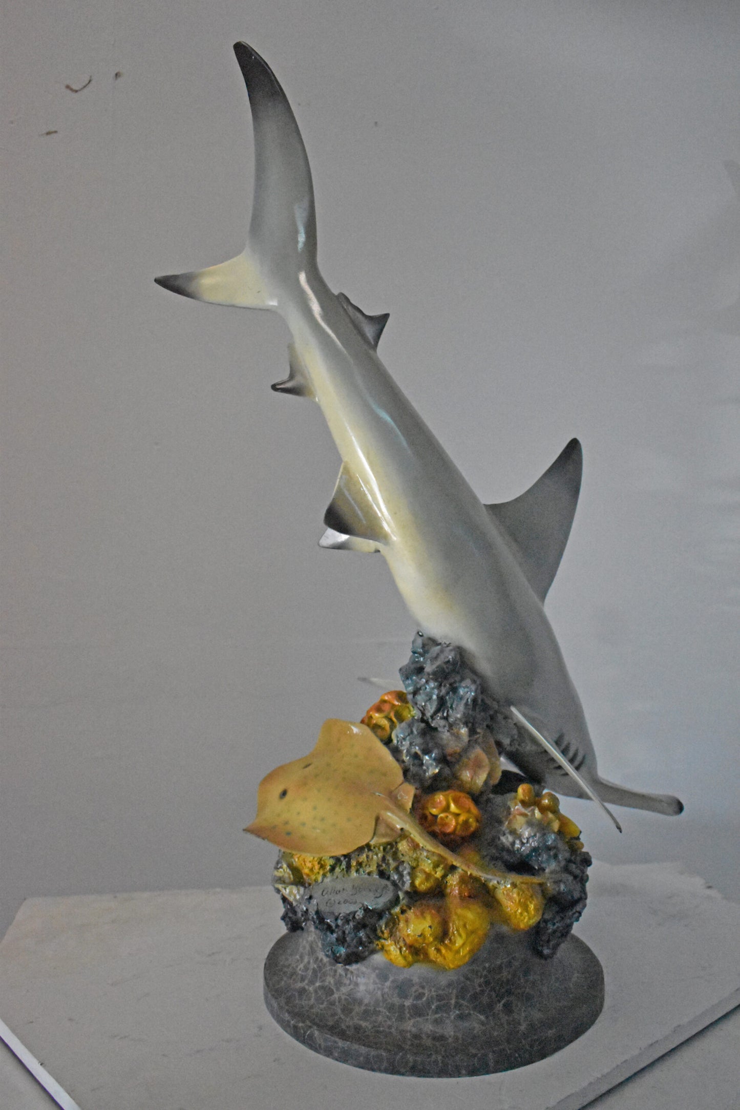 Hammer Shark with Corals Bronze Statue mounted on Marble-Size 20" x 18" x 42"H
