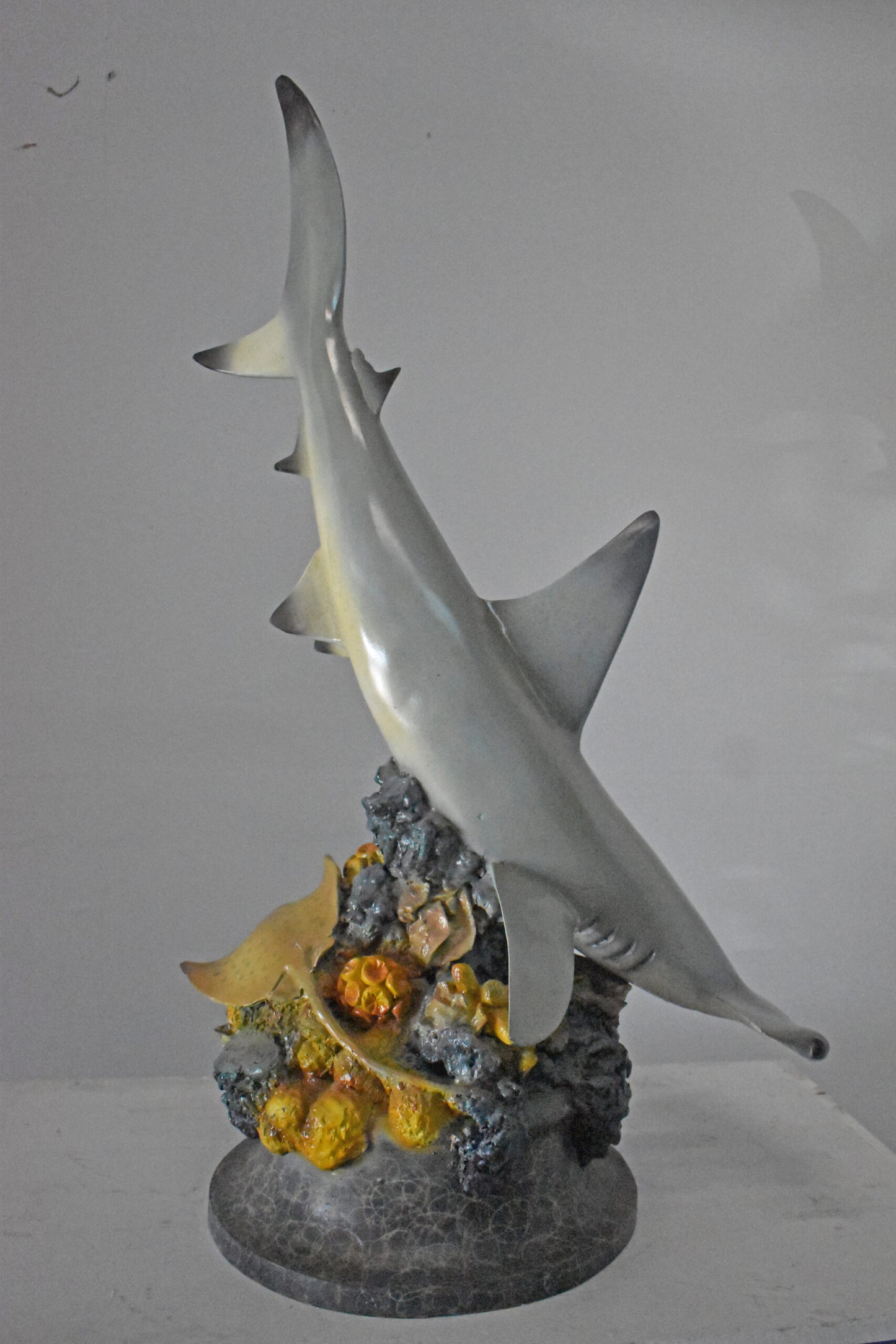 Hammer Shark with Corals Bronze Statue mounted on Marble-Size 20" x 18" x 42"H