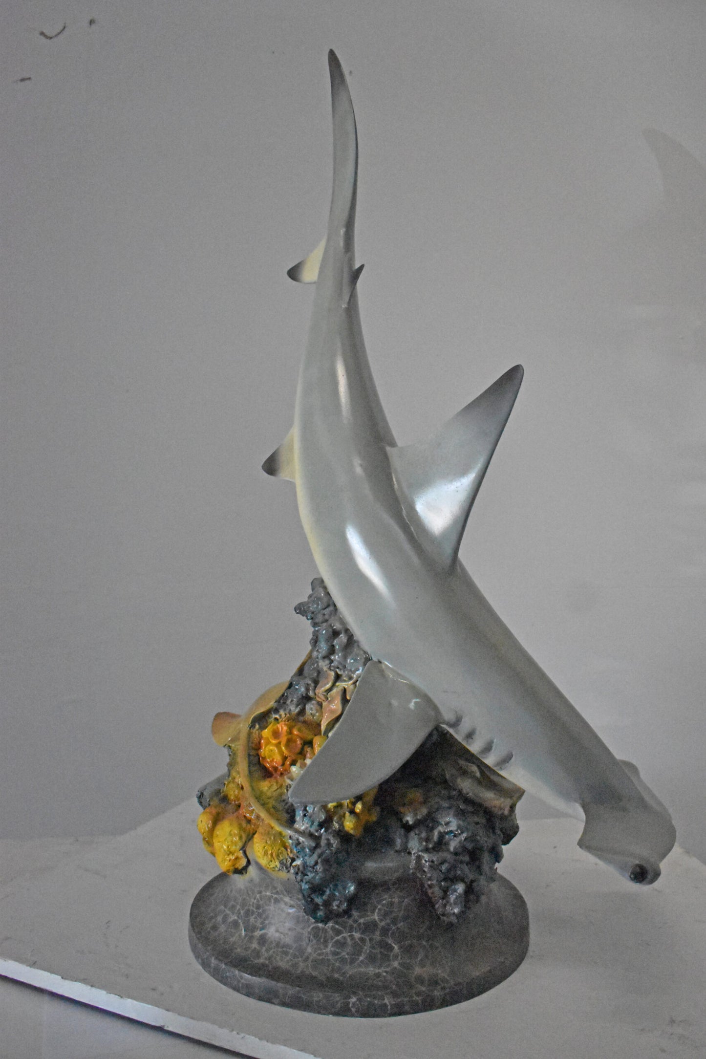 Hammer Shark with Corals Bronze Statue mounted on Marble-Size 20" x 18" x 42"H