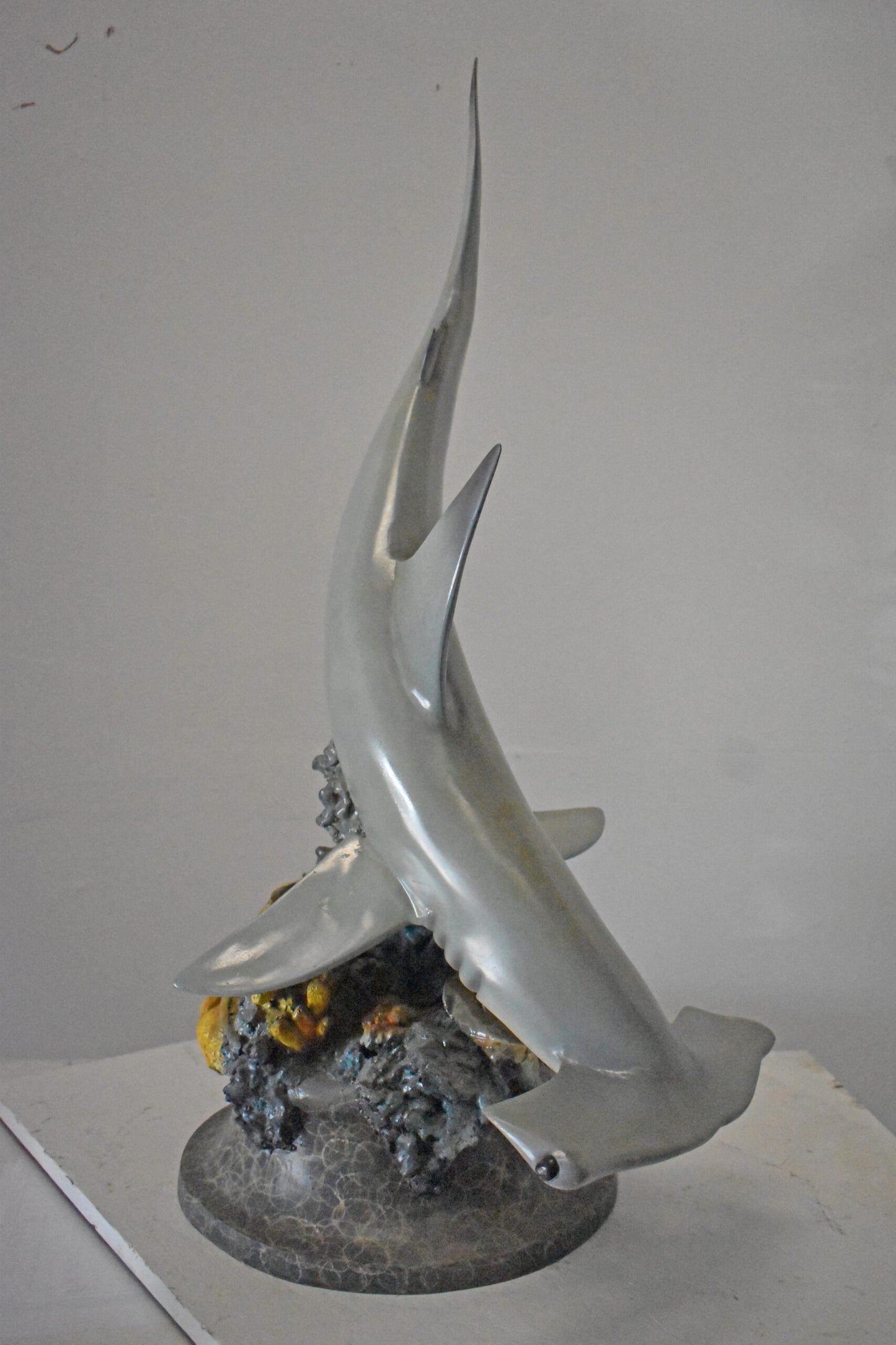 Hammer Shark with Corals Bronze Statue mounted on Marble-Size 20" x 18" x 42"H