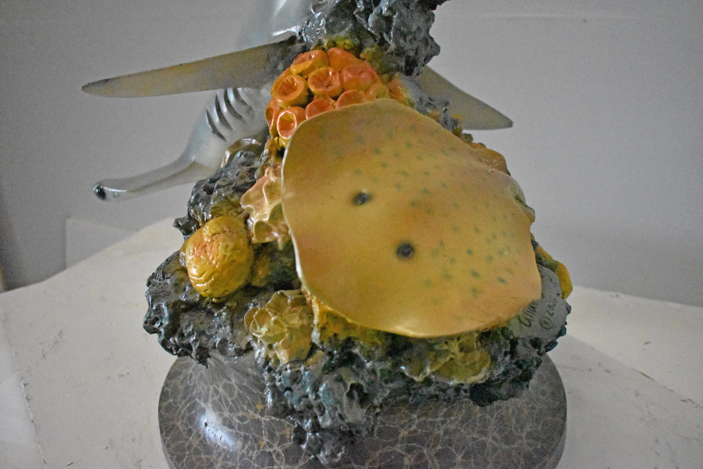 Hammer Shark with Corals Bronze Statue mounted on Marble-Size 20" x 18" x 42"H